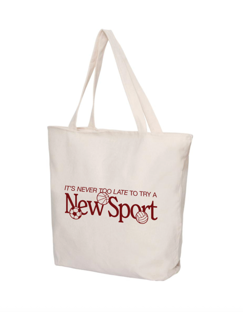 "It’s never to late to try a new sport" large zippered tote bag